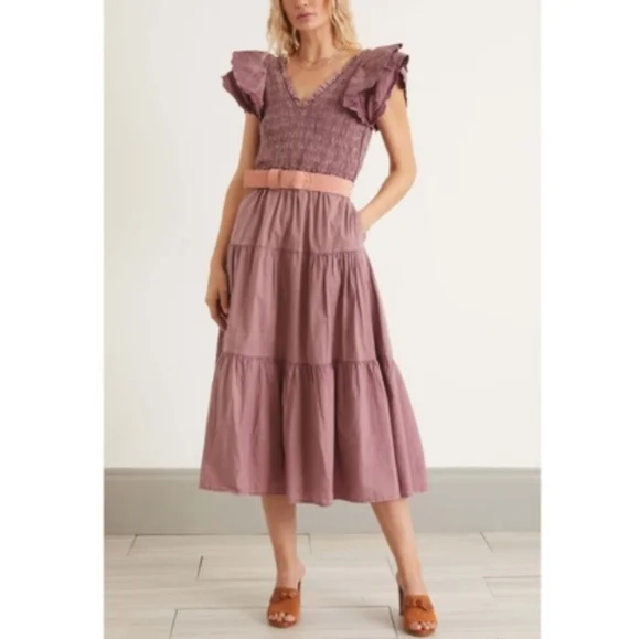 Sea New York Heidi Flutter Sleeve Tiered Dress Midi Open Back Rose Women's 10 - Picture 5 of 15